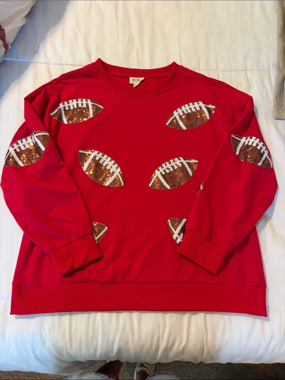 BiBi Red Crewneck Sweater with Sequin Football Appliqués